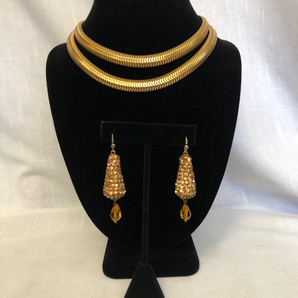 VTG Brass Serpentine Double Necklace & Sparkle Earrings Set